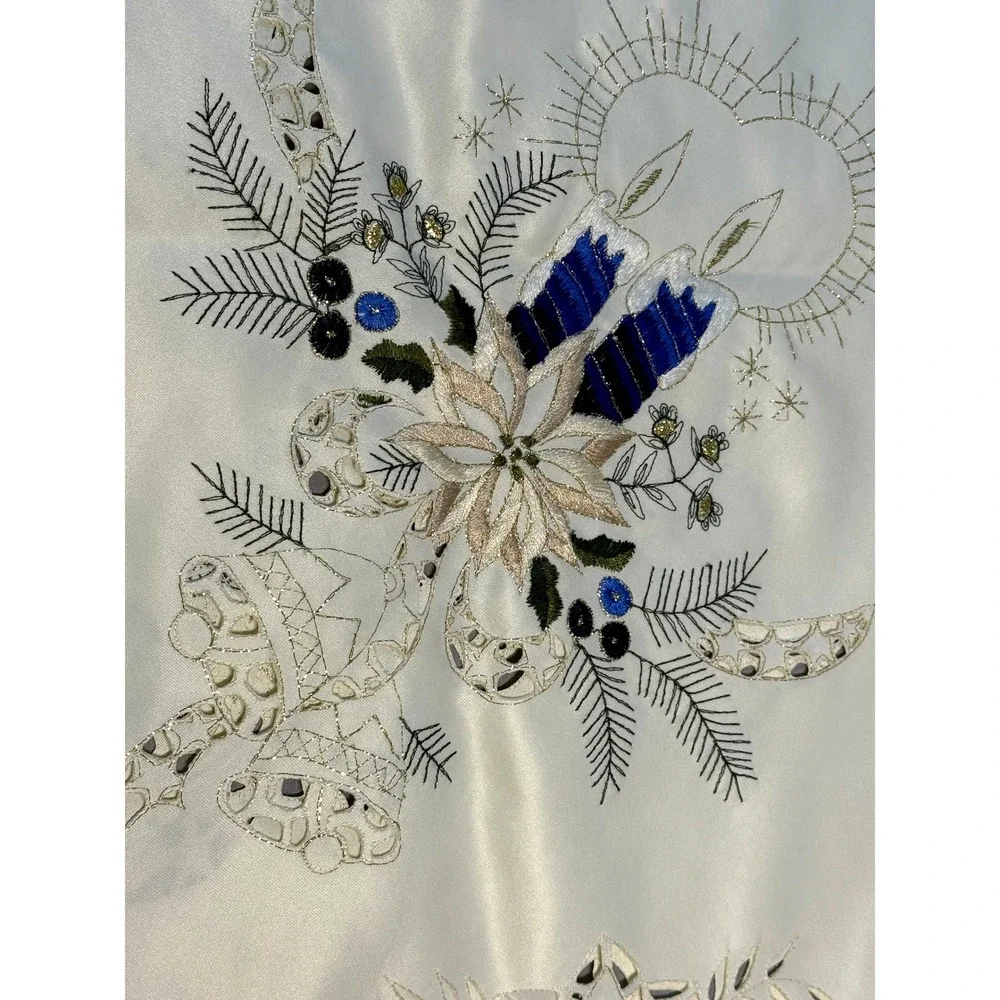 Vintage Embroidered Square Christmas Satin Table Topper White‎ & Blue Cottage